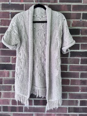 Women’s Chunky Cable Knit Wool Blend Fringe Cardigan Open Front Beige Small